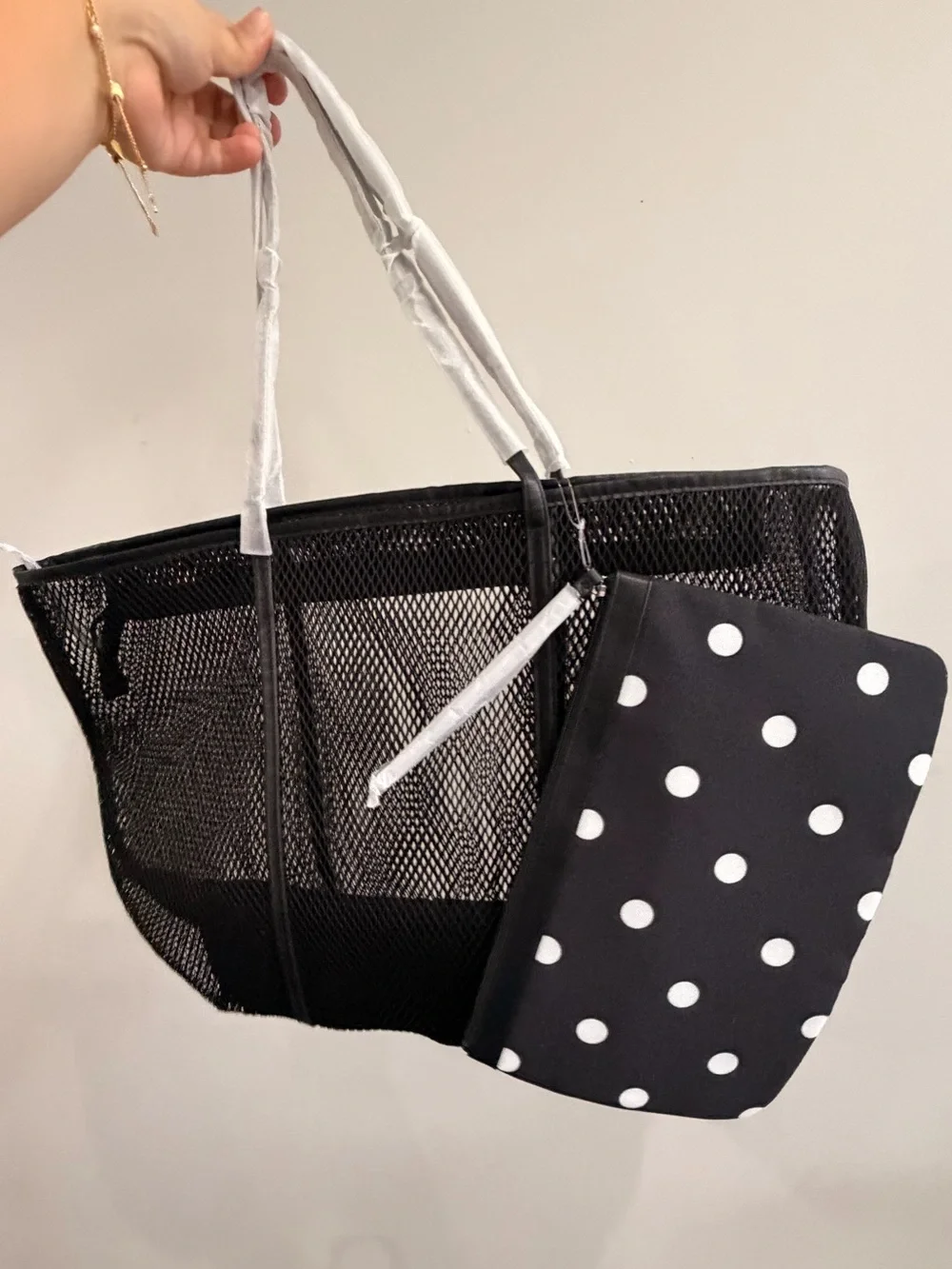 PINK Victoria's Secret Black Mesh Tote with White Handles